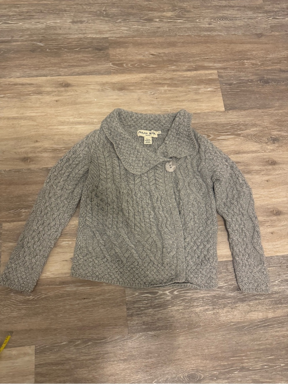 Aran Mór Ireland 100% Merino Wool Cable Knit Cardigan Jacket Gray Size S